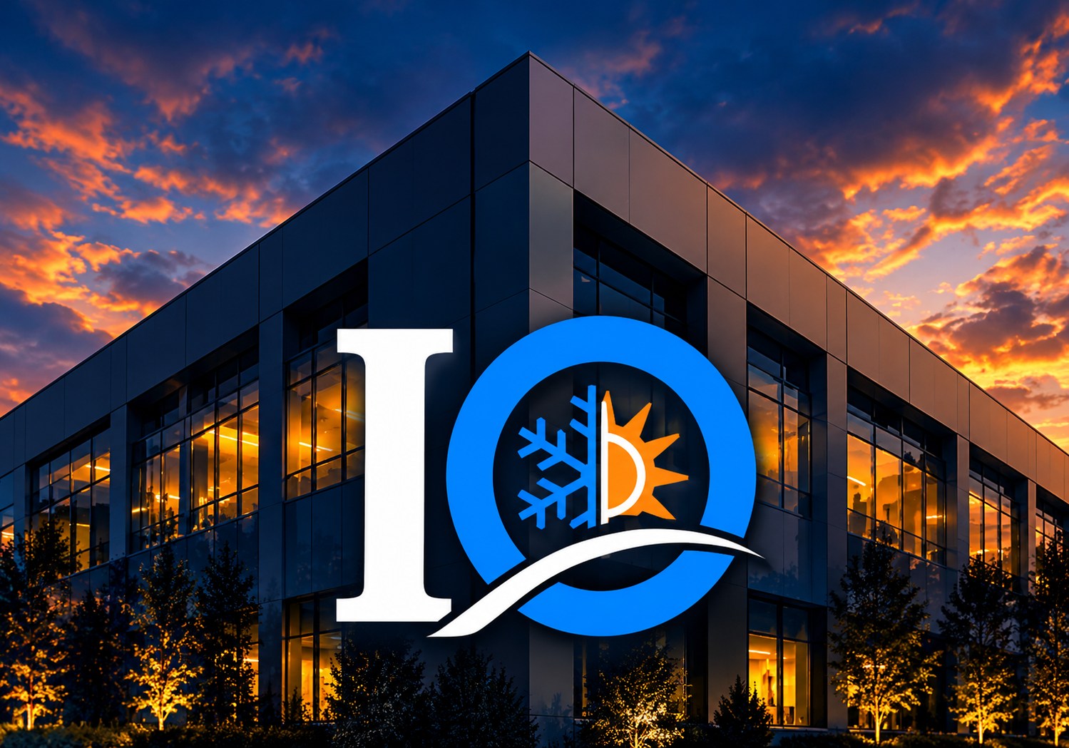 IntuitiveOps IO logo with snowflake, sun and swoosh over a commercial building
