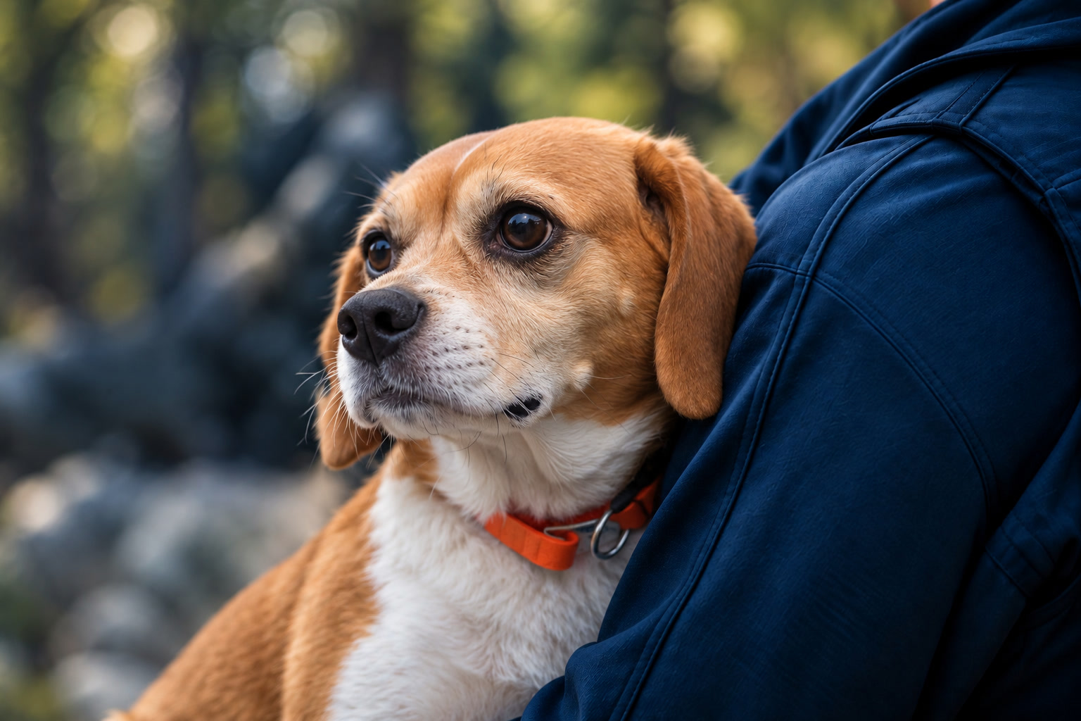 Beagle with an orange collar beside a public safety officer, as shown on the TRACE website